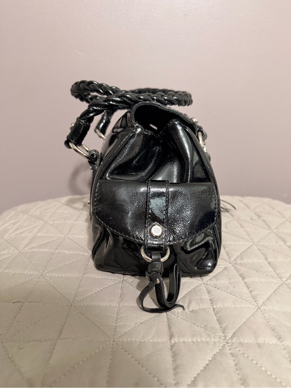 Francesco Biasia Black Patent Leather Braided-Handle Satchel - Picture 4 of 16